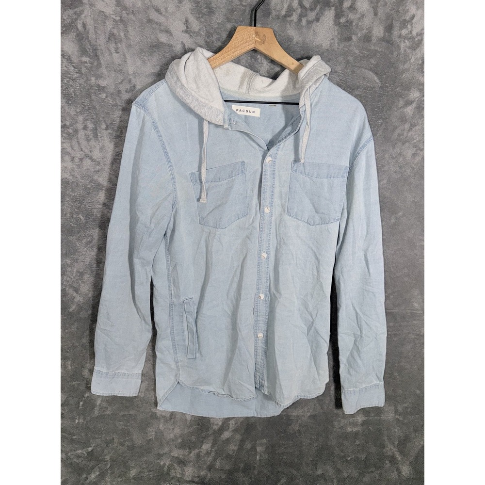 PAC‎ SUN Mens Hooded Denim Shirt Small Light Wash Blue Gray Long Sleeve Pockets
